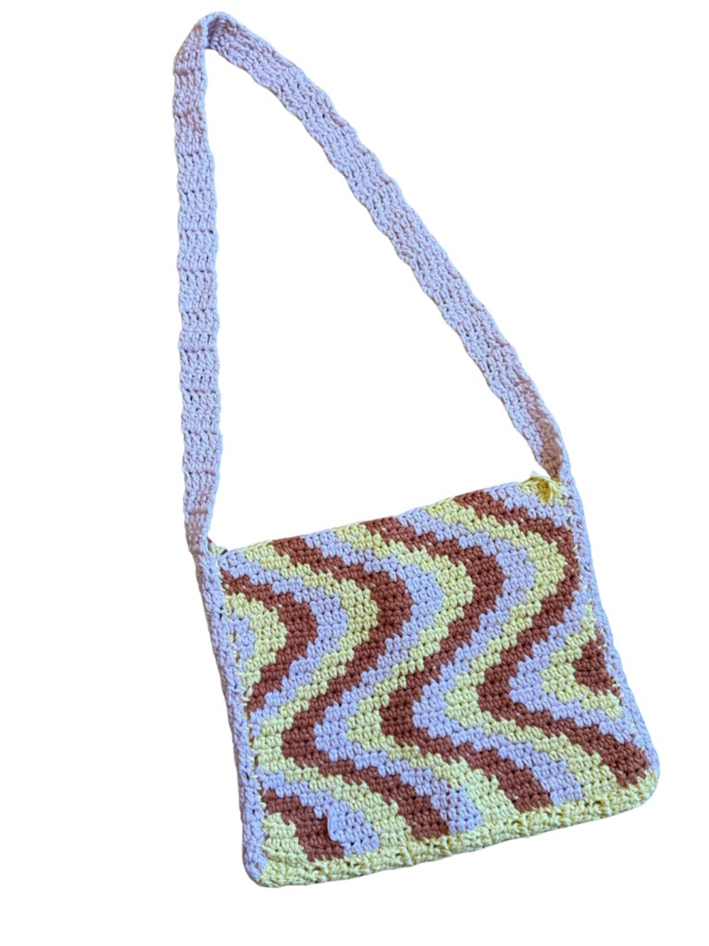 Handmade Crochet Zigzag Shoulder Bag in Pastel Green, Brown & Lavender